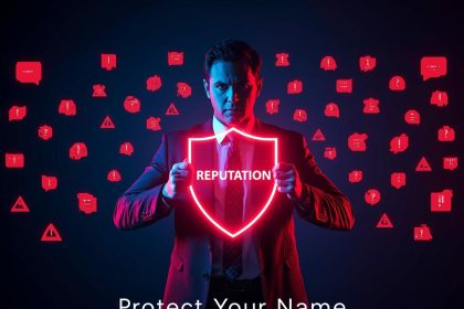 Marketer holding a glowing digital shield blocking negative comments, symbolizing strong online reputation management strategies in 2025.
