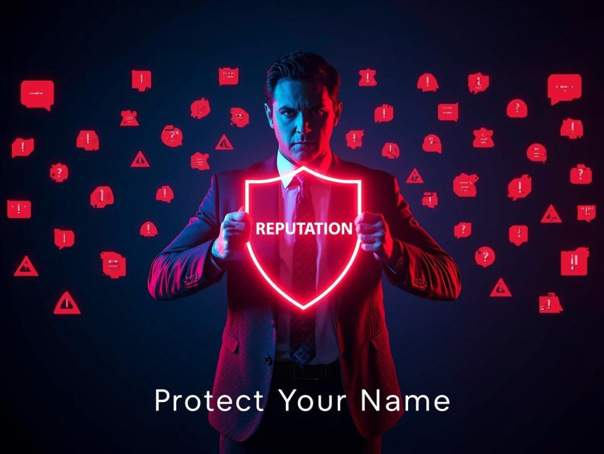 Marketer holding a glowing digital shield blocking negative comments, symbolizing strong online reputation management strategies in 2025.
