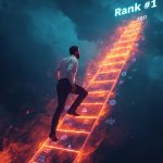 A determined marketer climbing a glowing digital ladder of SEO keywords toward a “Rank #1” goal, symbolizing marketplace success through search optimization in 2025.