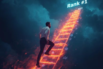 A determined marketer climbing a glowing digital ladder of SEO keywords toward a “Rank #1” goal, symbolizing marketplace success through search optimization in 2025.