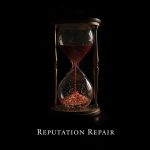 Digital timer counting down as a marketer rebuilds a glowing brand logo, symbolizing the time and process required to repair online reputation.