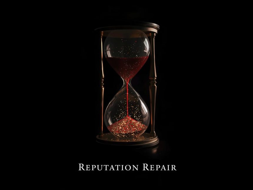 Digital timer counting down as a marketer rebuilds a glowing brand logo, symbolizing the time and process required to repair online reputation.