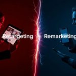 Digital marketer comparing two screens labeled Retargeting and Remarketing, symbolizing the confusion between both strategies.
