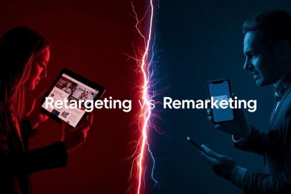 Digital marketer comparing two screens labeled Retargeting and Remarketing, symbolizing the confusion between both strategies.