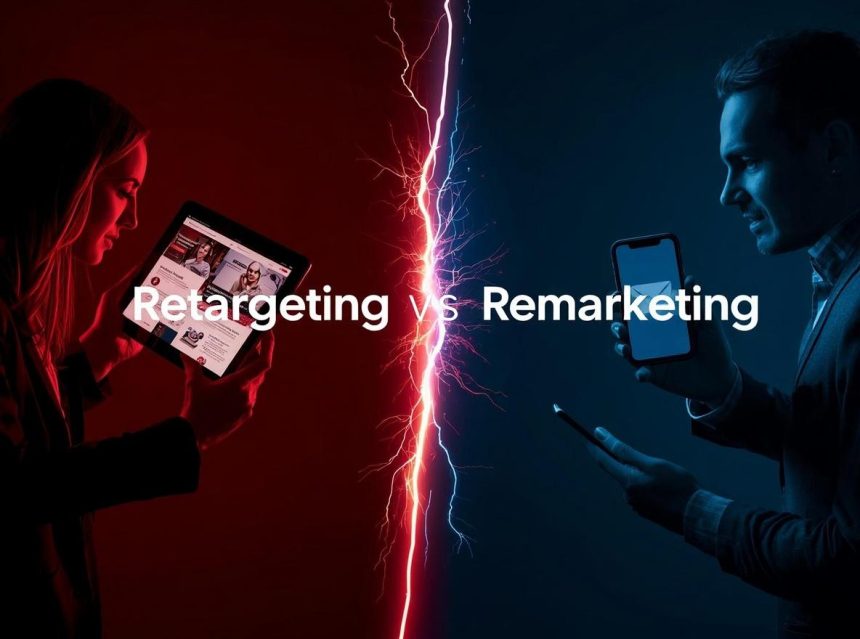 Digital marketer comparing two screens labeled Retargeting and Remarketing, symbolizing the confusion between both strategies.