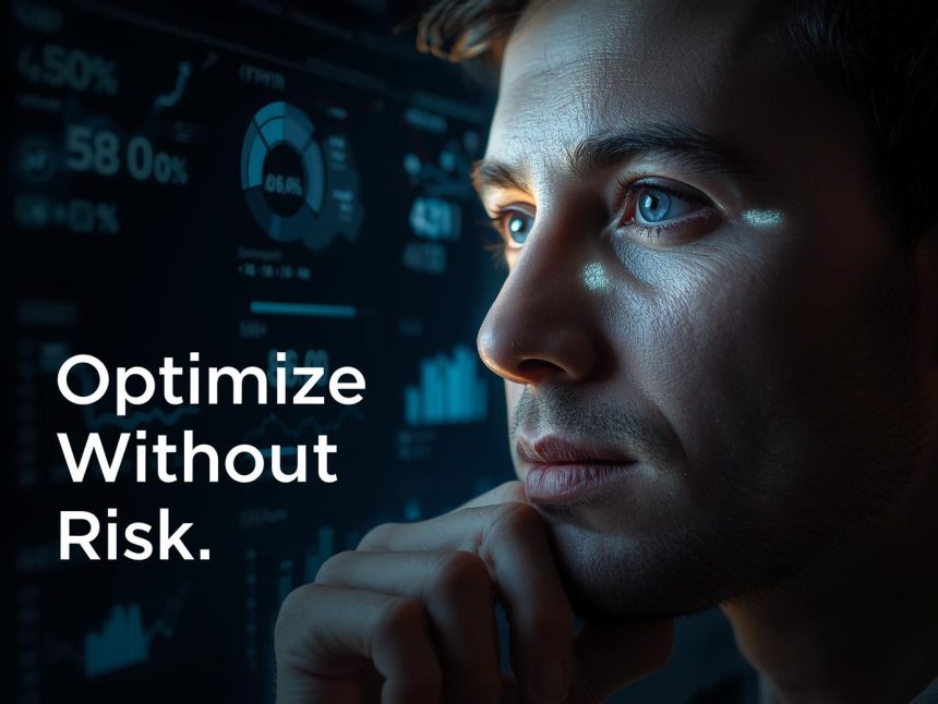 A marketer analyzing SEO rankings and A/B testing dashboards to improve conversion rates without negatively affecting search engine visibility.