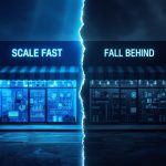 A digital marketer surrounded by e-commerce dashboards, sales charts, and glowing data visuals symbolizing high-performing marketing strategies in 2025.