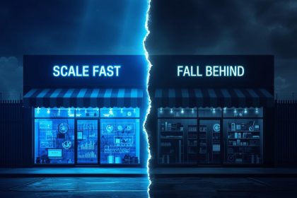 A digital marketer surrounded by e-commerce dashboards, sales charts, and glowing data visuals symbolizing high-performing marketing strategies in 2025.