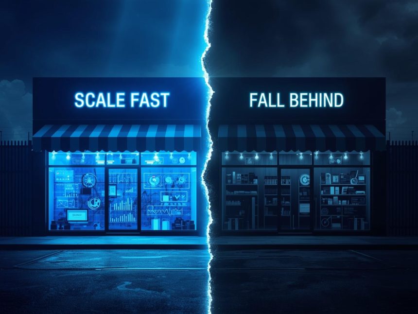 A digital marketer surrounded by e-commerce dashboards, sales charts, and glowing data visuals symbolizing high-performing marketing strategies in 2025.