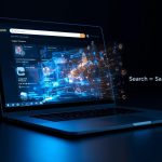 Glowing e-commerce search bar displaying AI-powered product suggestions and ratings, symbolizing site search optimization and conversion growth in 2025.