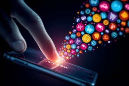 A smartphone glowing with floating shopping icons and product boxes, symbolizing how mobile commerce (M-commerce) is transforming online shopping experiences and sales in 2025.