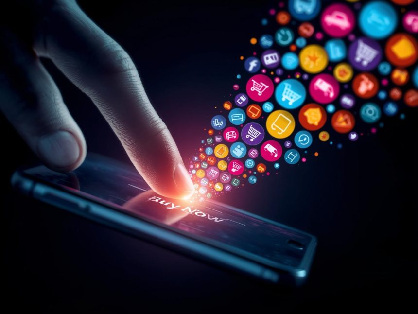 A smartphone glowing with floating shopping icons and product boxes, symbolizing how mobile commerce (M-commerce) is transforming online shopping experiences and sales in 2025.