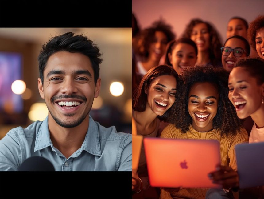 A live-stream seller engaging with excited viewers during a real-time broadcast filled with floating “Buy Now” icons, hearts, and comments, symbolizing the explosive growth of live commerce in 2025.