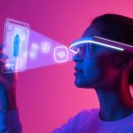 Person using AR glasses to preview and buy products directly from a social media post, symbolizing the future of social commerce powered by AI and AR in 2025.