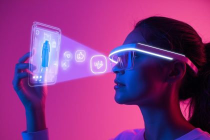 Person using AR glasses to preview and buy products directly from a social media post, symbolizing the future of social commerce powered by AI and AR in 2025.