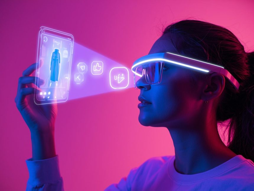 Person using AR glasses to preview and buy products directly from a social media post, symbolizing the future of social commerce powered by AI and AR in 2025.