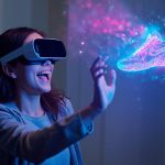 A shopper using AR glasses to explore a virtual store, interacting with floating 3D products that symbolize how AR and VR technologies are reshaping online shopping experiences in 2025.