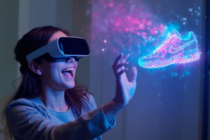 A shopper using AR glasses to explore a virtual store, interacting with floating 3D products that symbolize how AR and VR technologies are reshaping online shopping experiences in 2025.