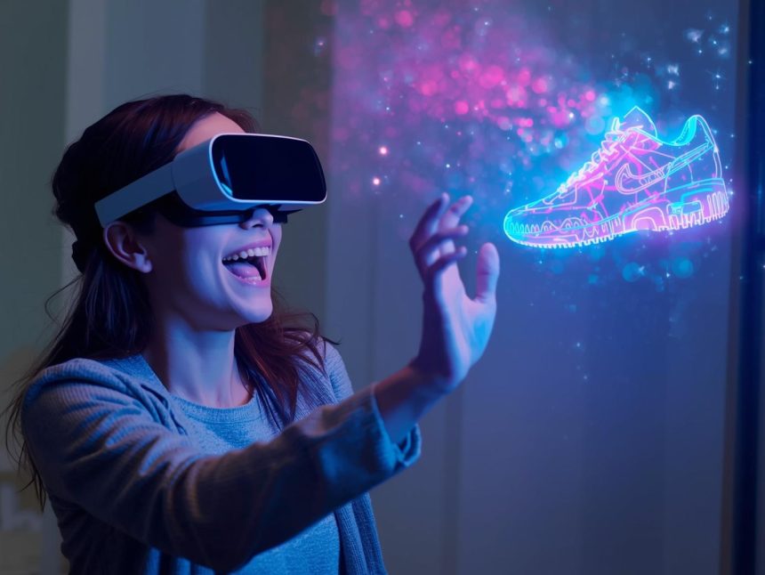 A shopper using AR glasses to explore a virtual store, interacting with floating 3D products that symbolize how AR and VR technologies are reshaping online shopping experiences in 2025.