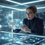 A marketer surrounded by glowing dashboards and analytics tool icons like Google Analytics and HubSpot, representing the best marketing analytics platforms in 2025.