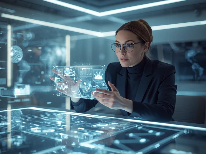 A marketer surrounded by glowing dashboards and analytics tool icons like Google Analytics and HubSpot, representing the best marketing analytics platforms in 2025.