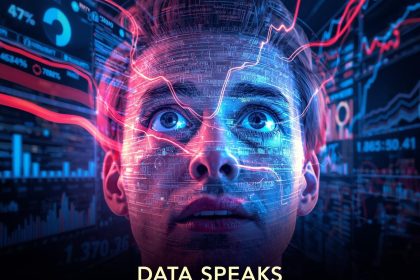 A marketer surprised by glowing dashboards and data visualizations representing campaign insights and reporting clarity in 2025.