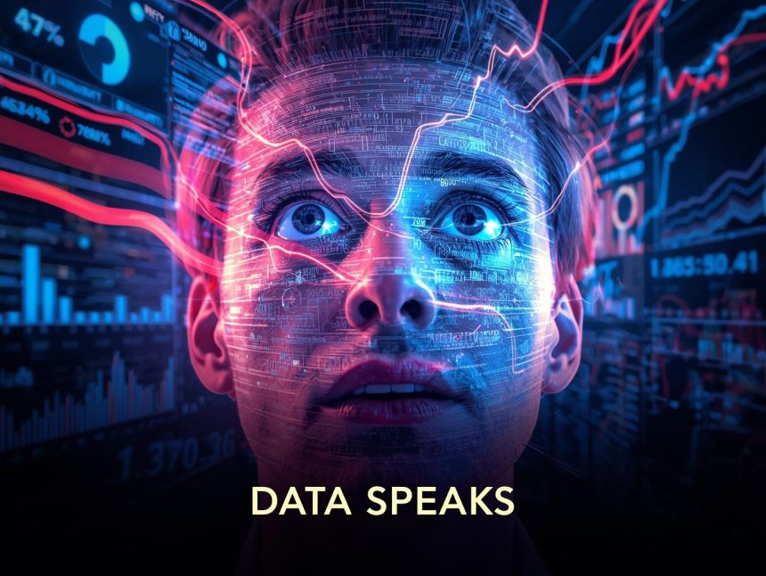 A marketer surprised by glowing dashboards and data visualizations representing campaign insights and reporting clarity in 2025.