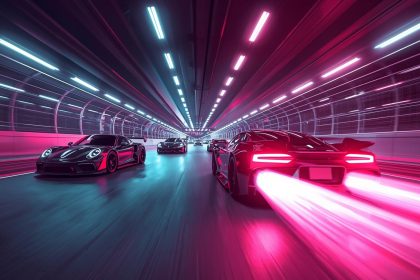 A glowing brand logo standing out among faded competitors, symbolizing brand positioning trends and visibility in 2025.