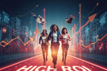 A futuristic marketer surrounded by glowing analytics dashboards and digital performance metrics representing performance marketing trends in 2025.