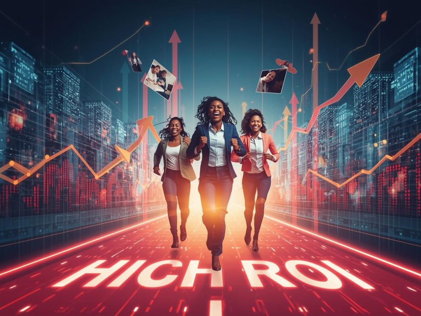 A futuristic marketer surrounded by glowing analytics dashboards and digital performance metrics representing performance marketing trends in 2025.