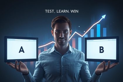 Marketer turning from intuition-based decisions toward data-driven A/B testing dashboard, symbolizing smarter experimentation practices.