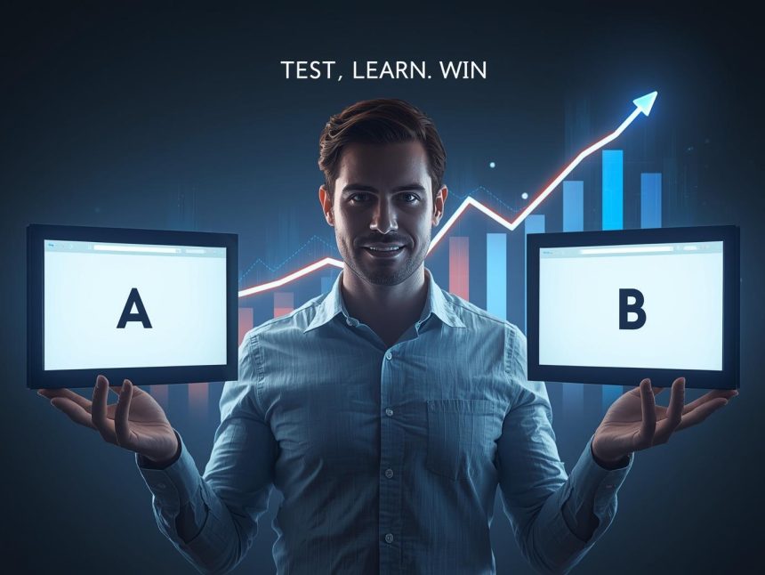 Marketer turning from intuition-based decisions toward data-driven A/B testing dashboard, symbolizing smarter experimentation practices.