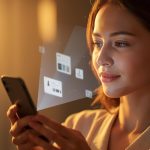 Shopper using a mobile device with glowing “Buy Now” buttons and five-star icons, symbolizing mobile optimization and e-commerce conversion growth in 2025.