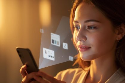 Shopper using a mobile device with glowing “Buy Now” buttons and five-star icons, symbolizing mobile optimization and e-commerce conversion growth in 2025.