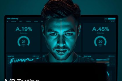 Split-screen showing two e-commerce page versions labeled A and B with conversion data, symbolizing A/B testing and funnel optimization for better sales.