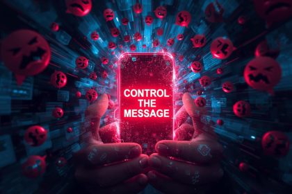 Calm spokesperson addressing a press conference amid crisis alerts, symbolizing effective communication and trust protection in uncertain times.