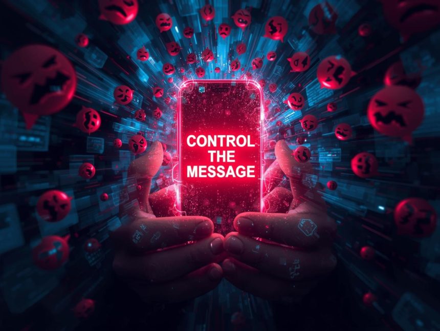 Calm spokesperson addressing a press conference amid crisis alerts, symbolizing effective communication and trust protection in uncertain times.