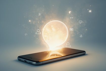 Calm business professional writing a thoughtful response to a one-star review on a glowing screen, symbolizing effective online reputation management in 2025.