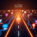 Marketer standing on glowing digital networks of marketing channels and brand icons, symbolizing integrated online marketing success in 2025.