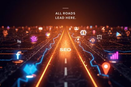 Marketer standing on glowing digital networks of marketing channels and brand icons, symbolizing integrated online marketing success in 2025.