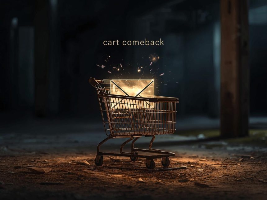 Customer opening a glowing email reading “You forgot something!” with a “Complete Purchase” button, symbolizing the power of abandoned cart email campaigns to win back sales.