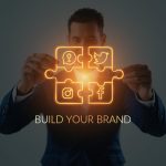 Digital marketer standing before a holographic social media wall with glowing icons and analytics, symbolizing social media marketing trends and brand growth in 2025.