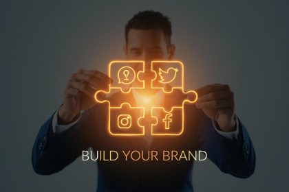 Digital marketer standing before a holographic social media wall with glowing icons and analytics, symbolizing social media marketing trends and brand growth in 2025.