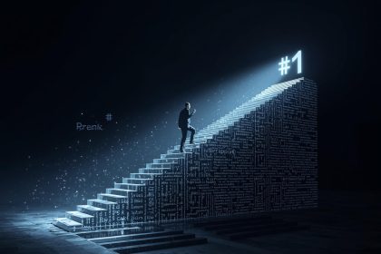 Marketer standing before a futuristic holographic search bar and ranking graphs, symbolizing the evolution of SEO and digital branding in 2025.