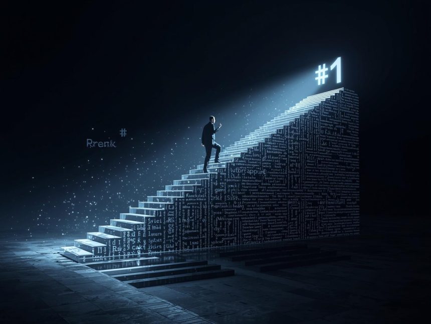 Marketer standing before a futuristic holographic search bar and ranking graphs, symbolizing the evolution of SEO and digital branding in 2025.