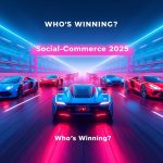 Digital racetrack with social media logos racing toward a glowing “Social Commerce 2025” finish line, symbolizing competition among platforms for e-commerce dominance.