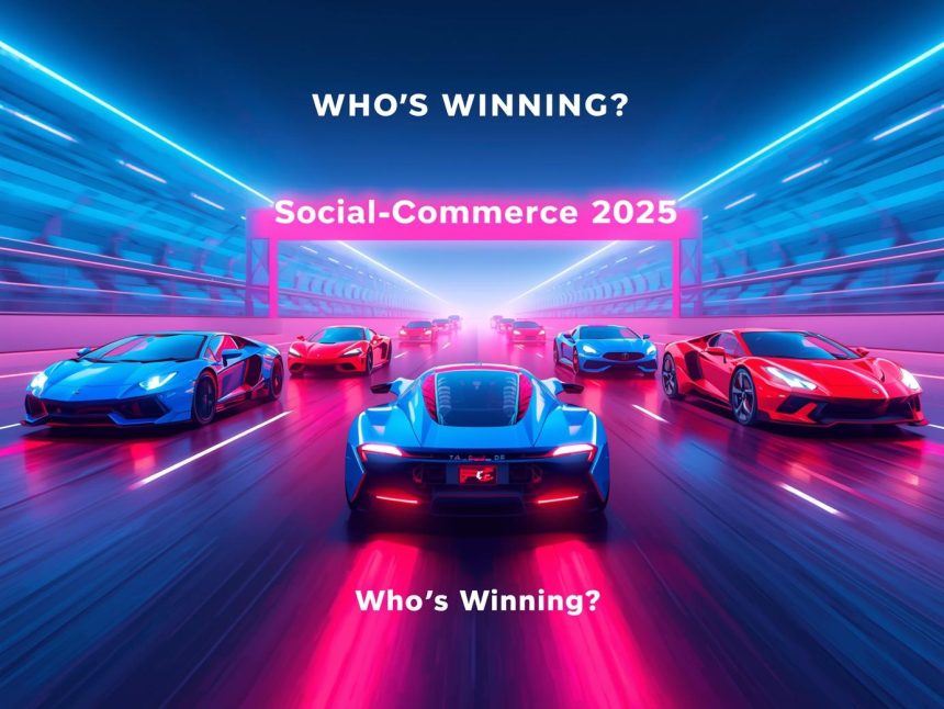 Digital racetrack with social media logos racing toward a glowing “Social Commerce 2025” finish line, symbolizing competition among platforms for e-commerce dominance.