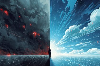 Executive leader standing before transparent data screens, symbolizing openness, integrity, and authority in thought leadership marketing.