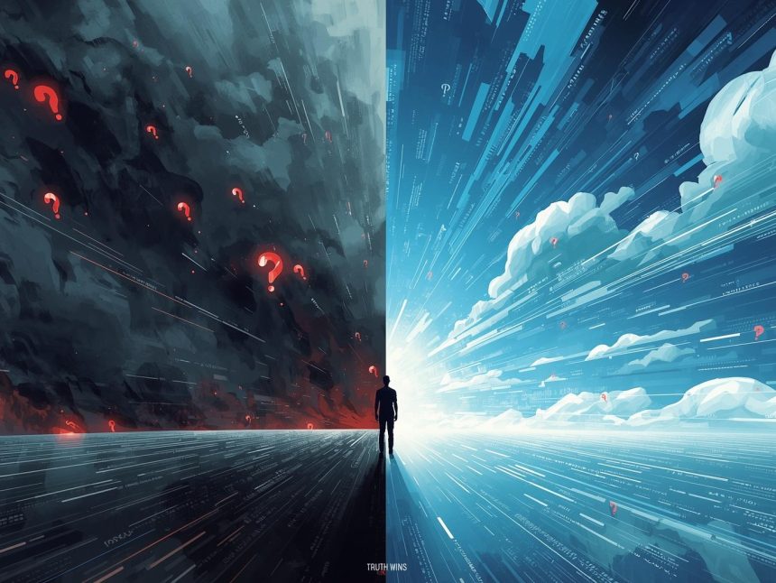 Executive leader standing before transparent data screens, symbolizing openness, integrity, and authority in thought leadership marketing.