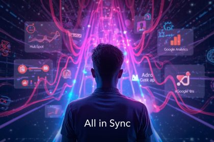 A marketer surrounded by glowing analytics dashboards and data integrations, symbolizing unified campaign tracking and insight generation in 2025.